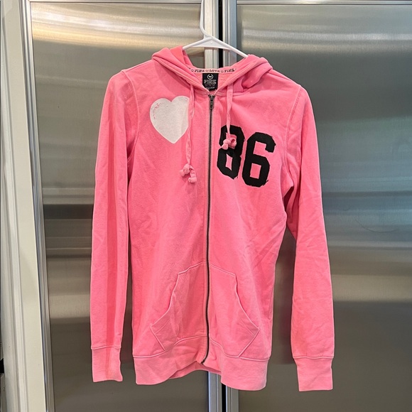 PINK Victoria's Secret Tops - Victoria’s Secret PINK Pink Zip Hoodie Jacket with Heart & 86 Graphic RARE